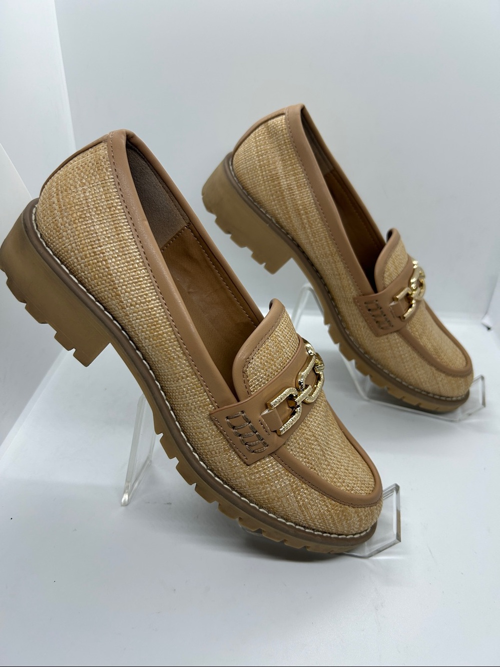 Dolce Vita Tan Raffia-Textured Loafers with Gold Chain Sz Us 7 - Picture 3 of 13